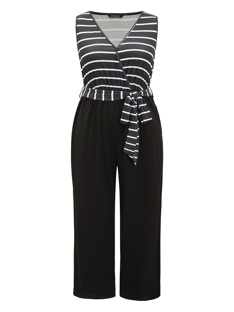 Striped Patchwork Pocket Wrap Belted Sleeveless Jumpsuit
