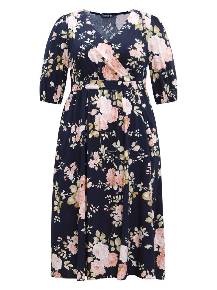 Floral Print Pleated Ties Wrap Lantern Sleeve Dress