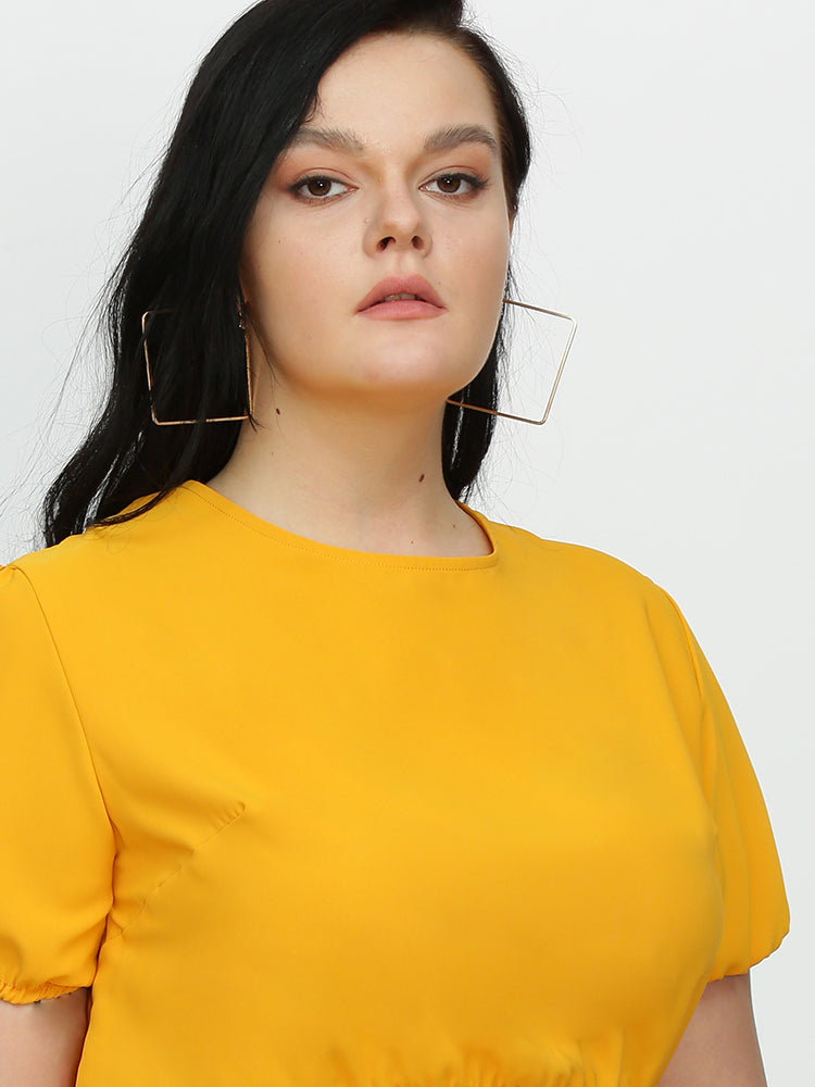 Wave Trim Knotted Puff Sleeve Dress