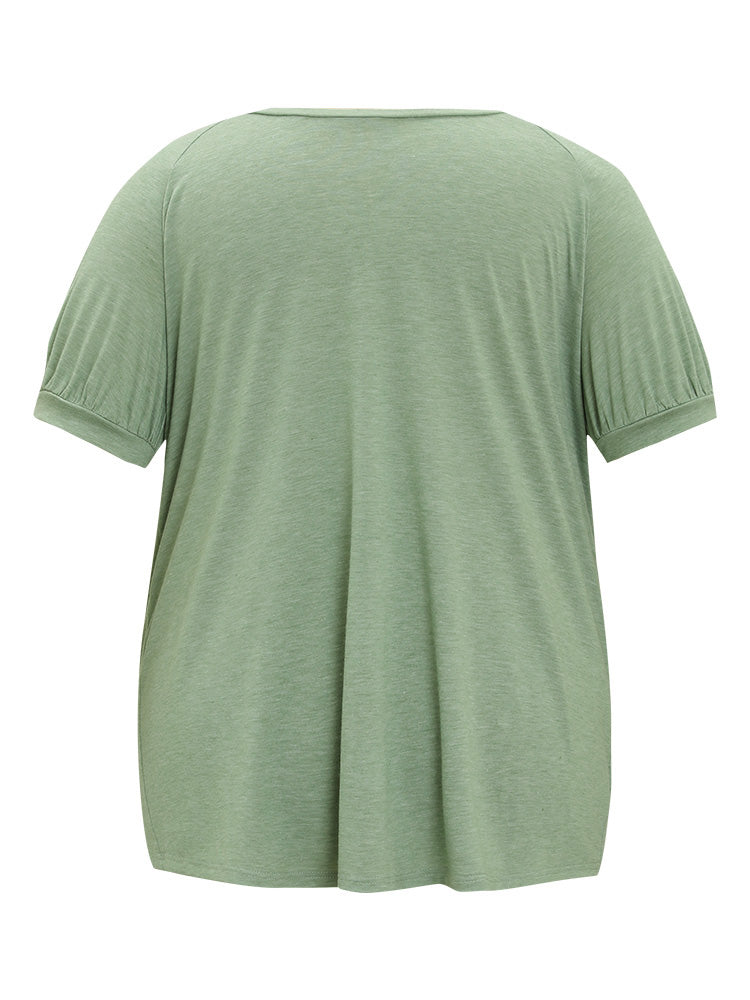 Plain Button Detail Lantern Sleeve T-shirt