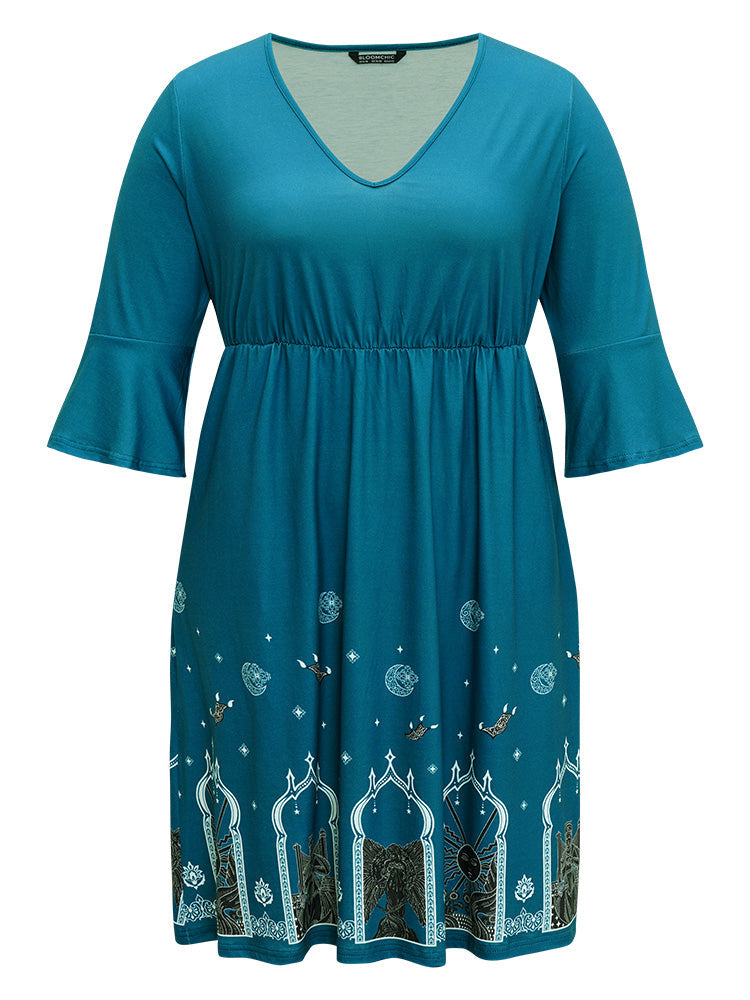 Halloween Graphic Pocket Ruffle Trim Gathered Dress