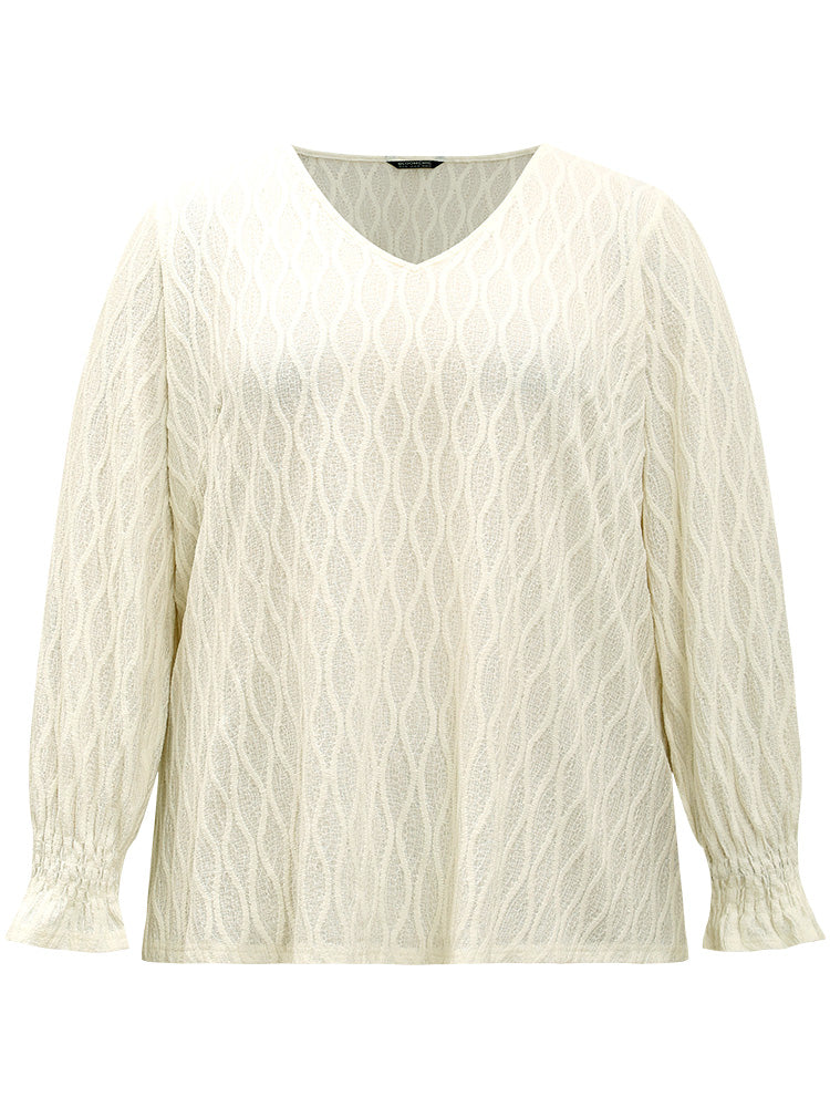 V Neck Solid Textured Shirred Blouse