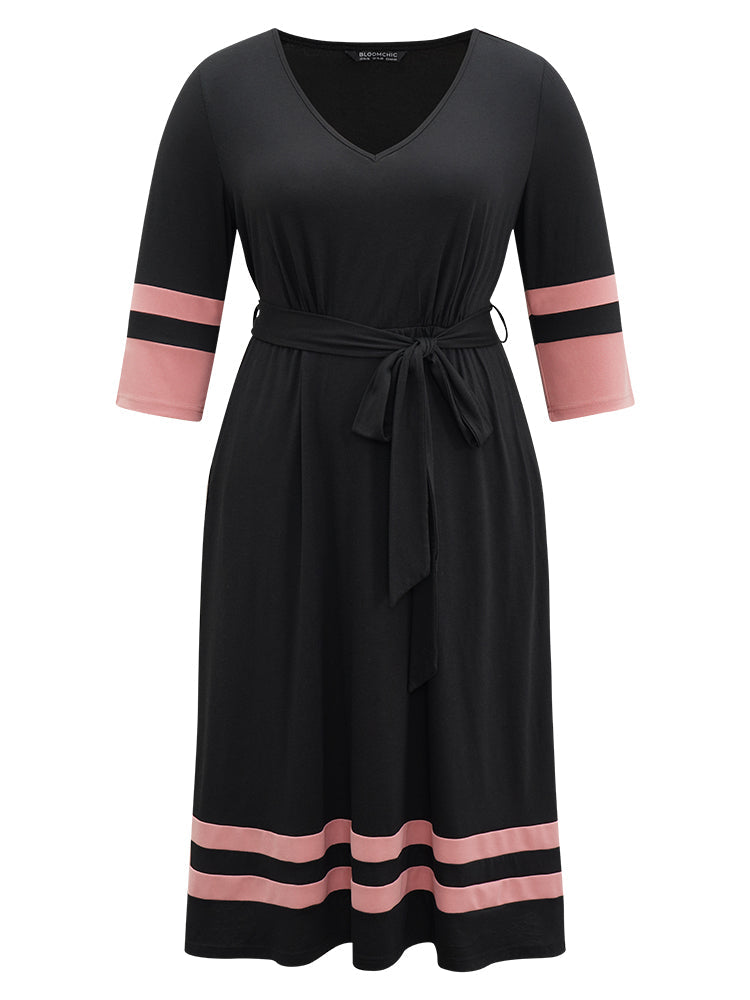 Colorblock Contrast Elastic Waist Pocket Belted Dress