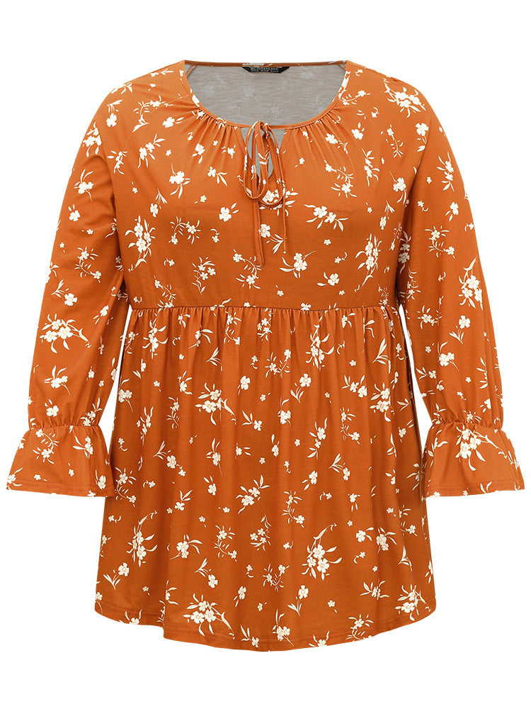 Silhouette Floral Print Tie Neck Elastic Waist Gathered T-shirt