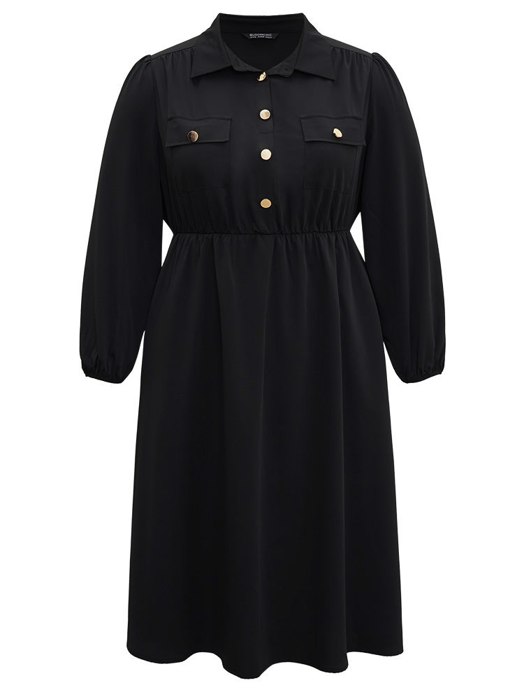 Static-Free Plain Button Detail Lantern Sleeve Dress