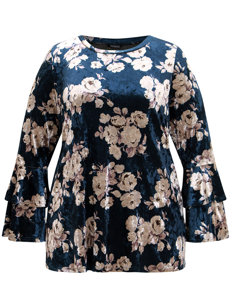 Velvet Floral Tiered Flounce Sleeve T-shirt