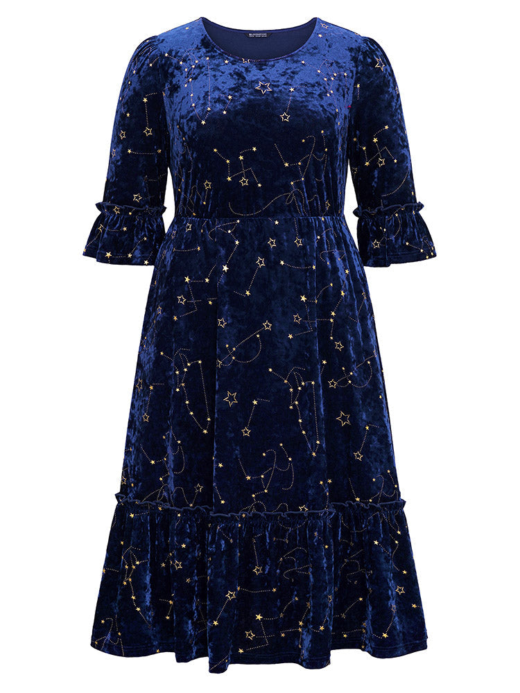 Star Velvet Glitter Elastic Waist Crew Neck Dress