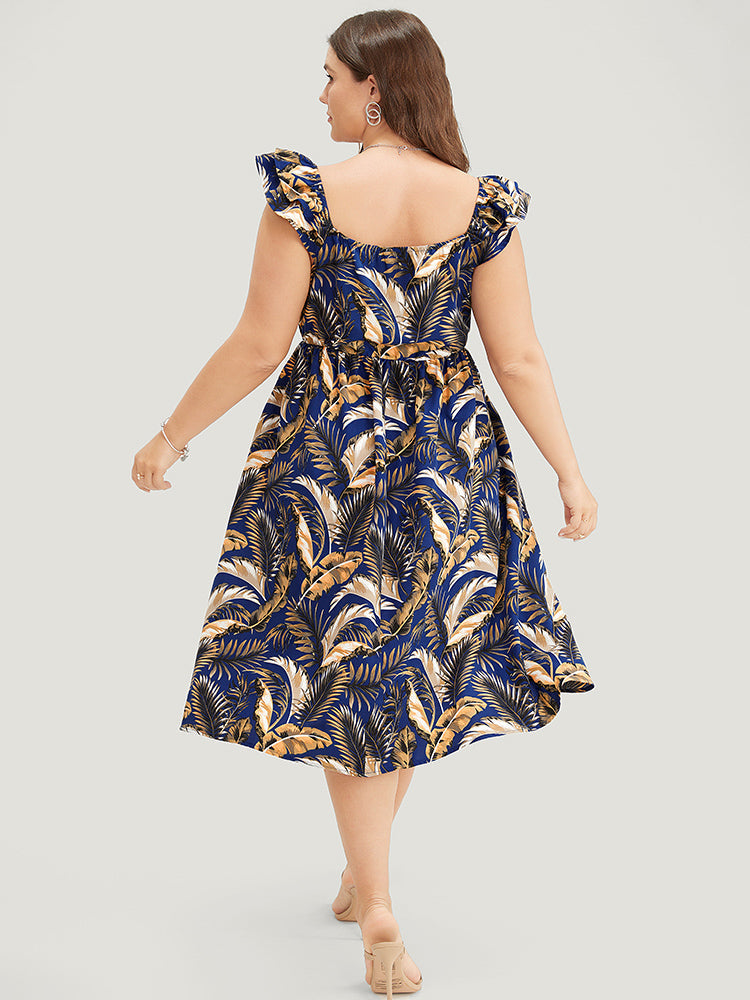 Tropical Printed Pocket Ruffle Trim Cami Dress