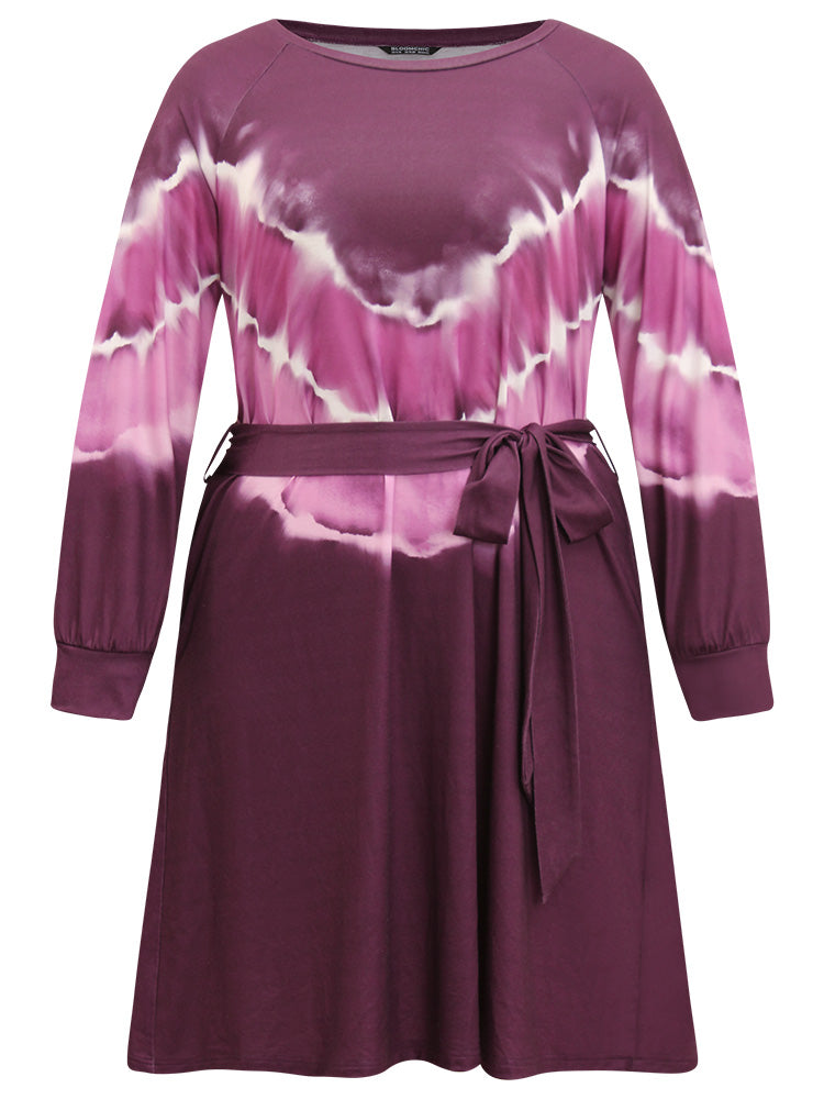 Tie Dye Pocket Round Neck Belted Raglan Sleeve Dress