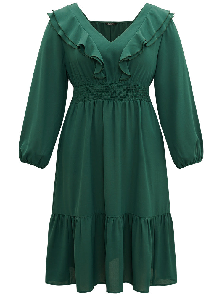 Solid Shirred Ruffle Trim Pleated Dress