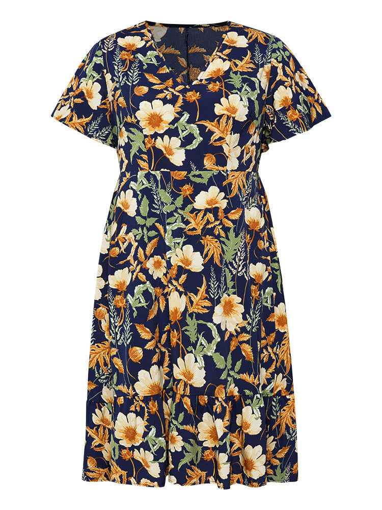 Floral Print V Neck Pocket Ruffles Layered Hem Dress
