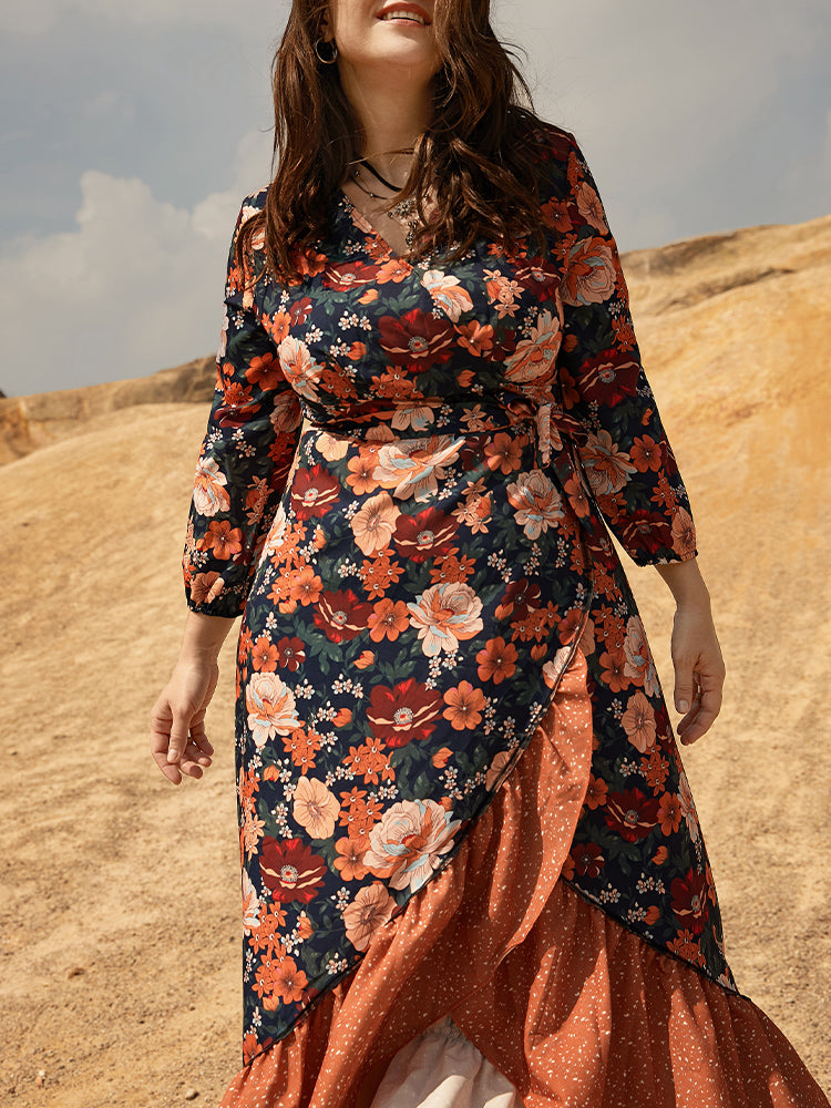 Ditsy Floral Knot Irregular Ruffle Hem Dress