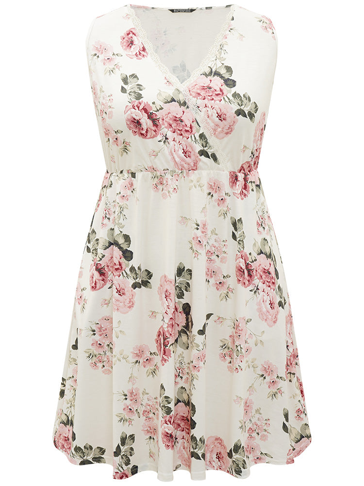 Floral Print Pocket Lace Panel Overlap Collar Tank Sleep Dress