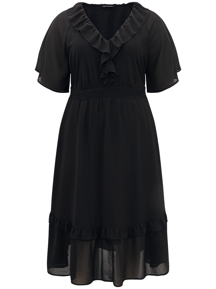 Plain Ruffle Trim Pocket Shirred Dress