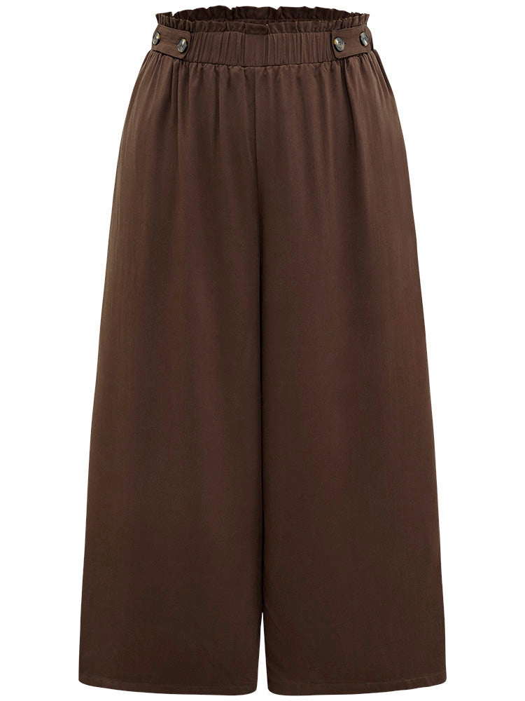 Plain Button Detail Pocket Paperbag Waist Woven Pants