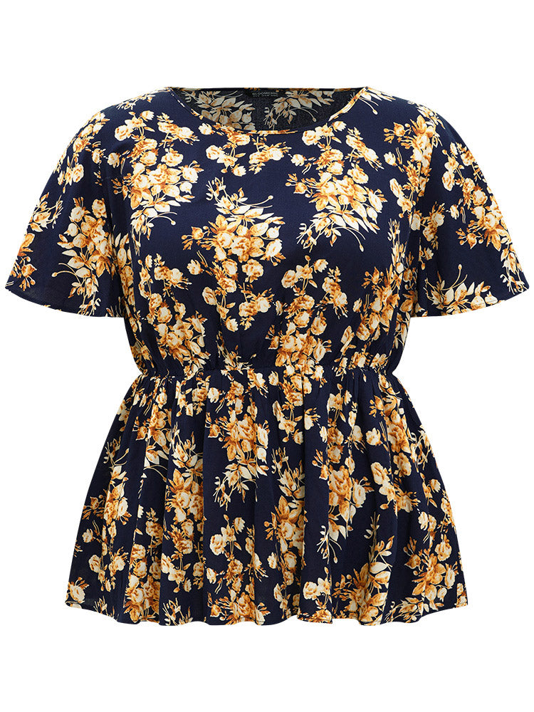 Floral Print Flutter Sleeve Elastic Waist Blouse