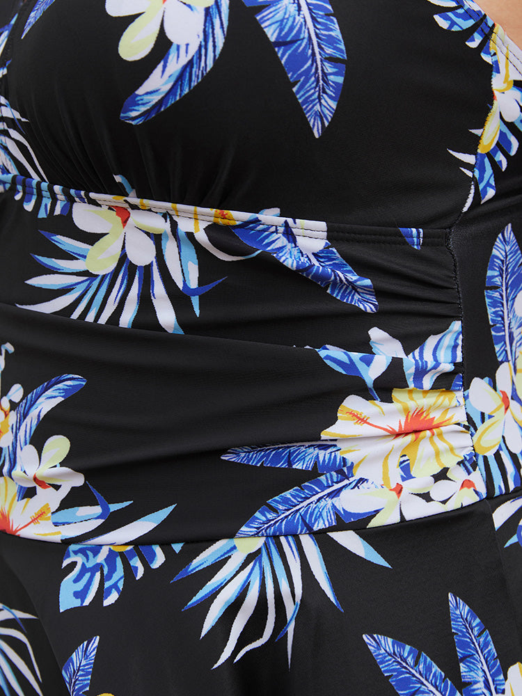 Floral Print Asymmetrical Hem Gathered Sculpt Waist Swim Dress