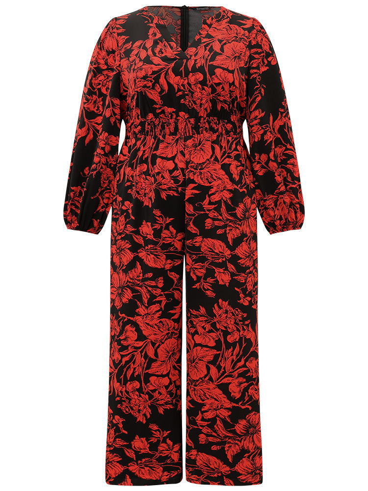 Silhouette Floral Print Notched Shirred Jumpsuit