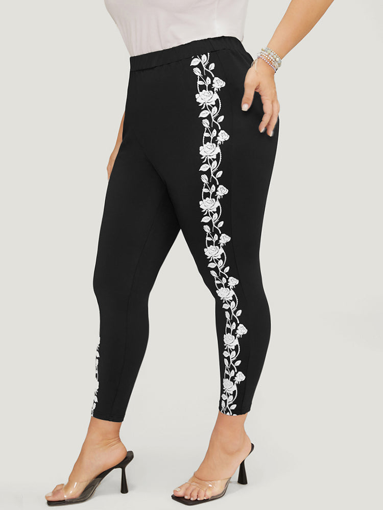 Rose Print Elastic Waist Skinny Leggings