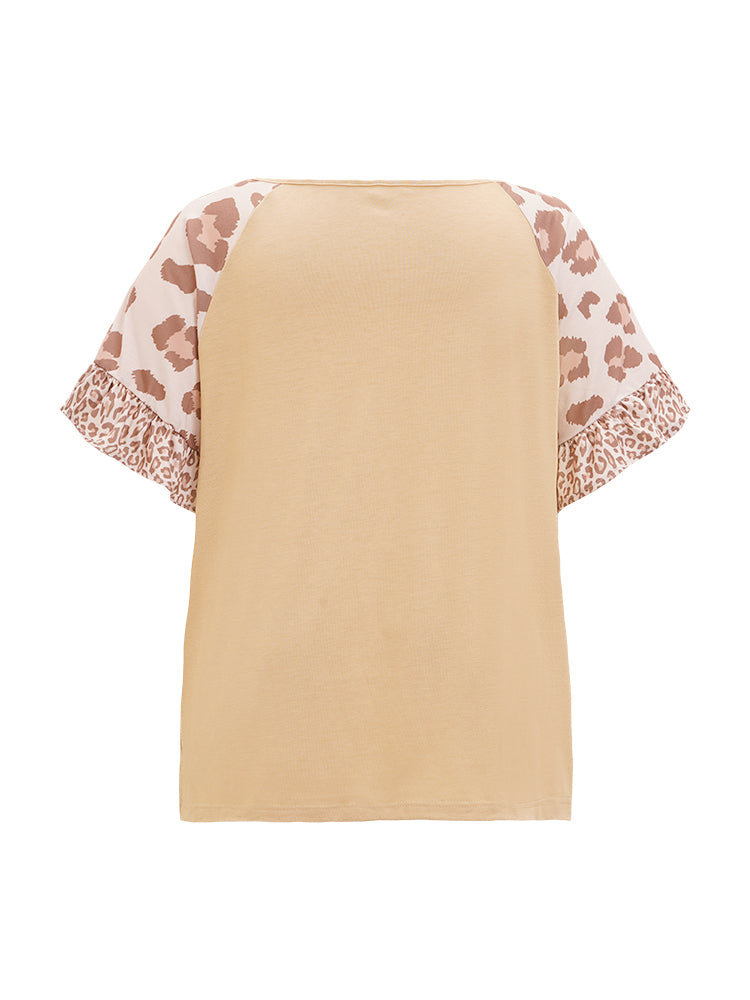 Leopard Print Raglan Sleeve Ruffle Trim T-shirt