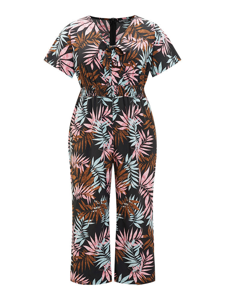 Tropical Print Knot Neck Shirred Wrap Jumpsuit