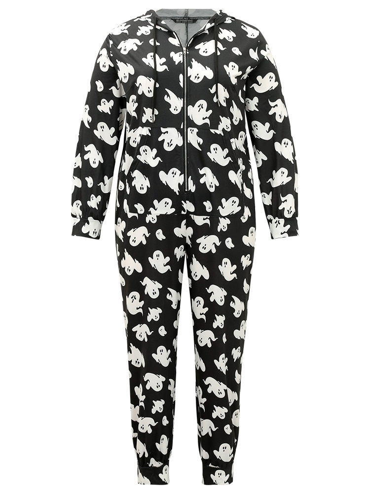 Halloween Print Hooded Pocket Zipper Sleep Jumpsuit