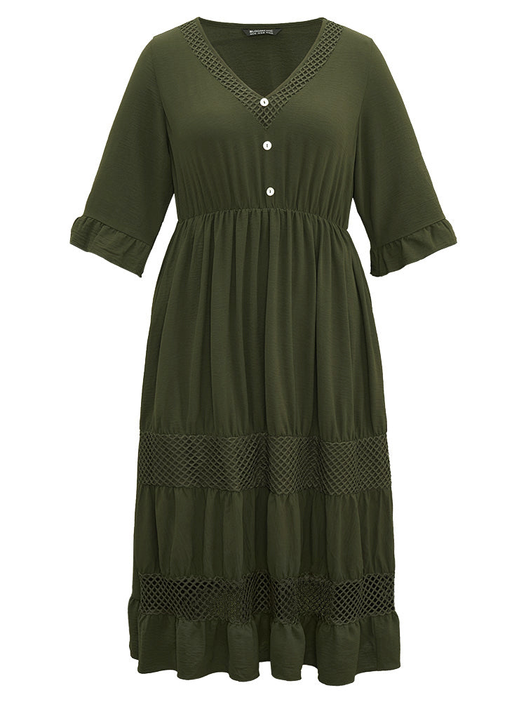 Plain Ruffles Patchwork Button Detail Cut Out Dress