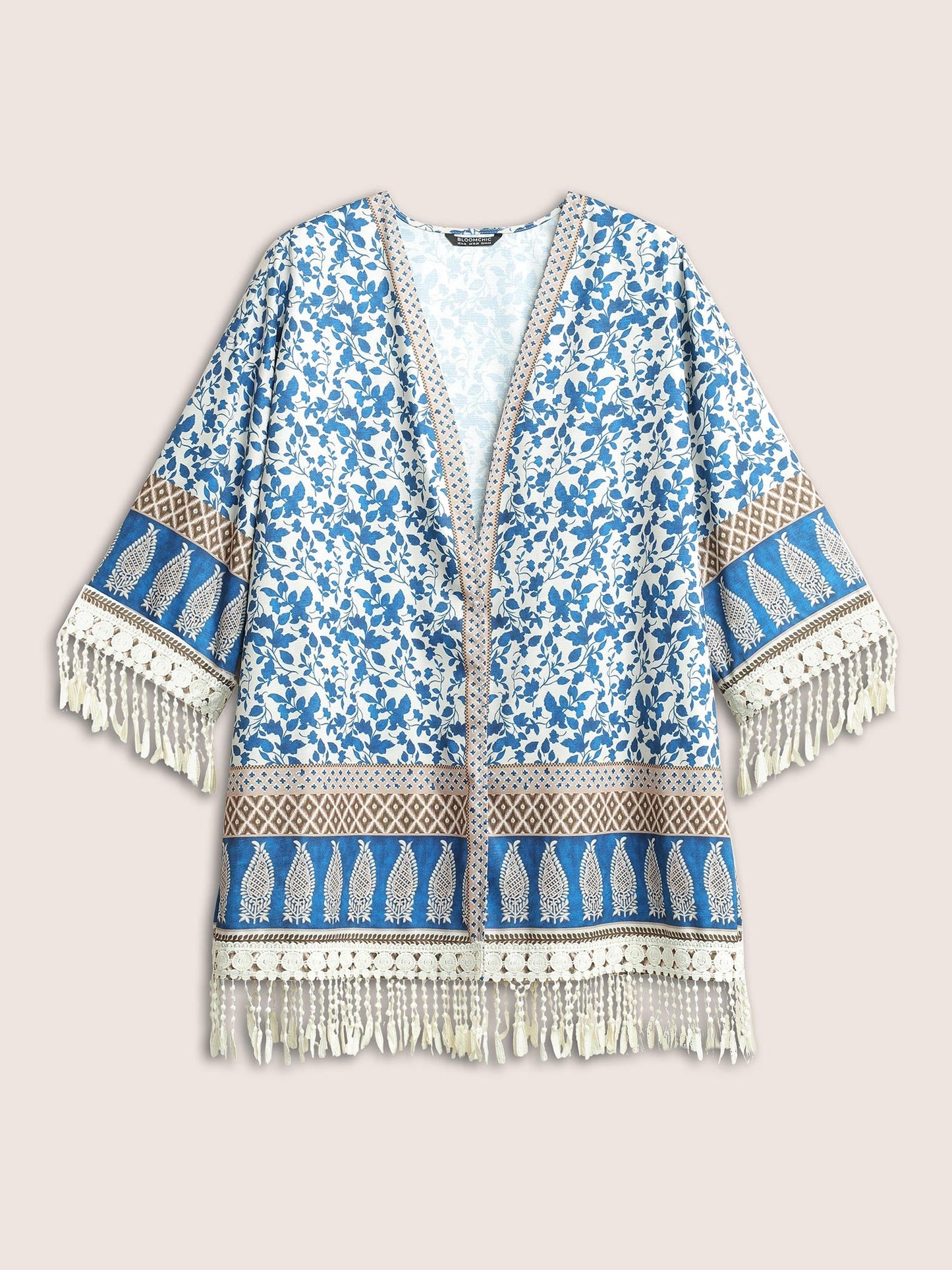 Boho Print Lace Panel Patchwork Tassel Trim Kimono