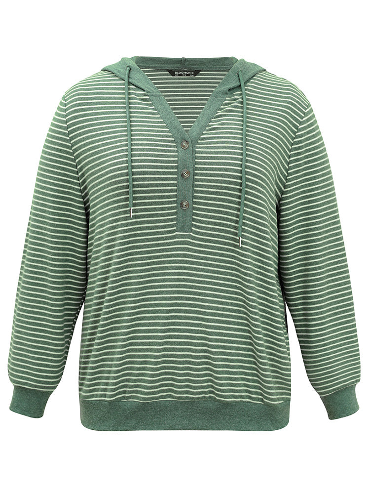 Striped Hooded Drawstring Button Up Fluffy Sweatshirt