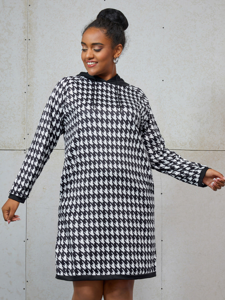 Houndstooth Pocket Hooded Sweatshirt Dress