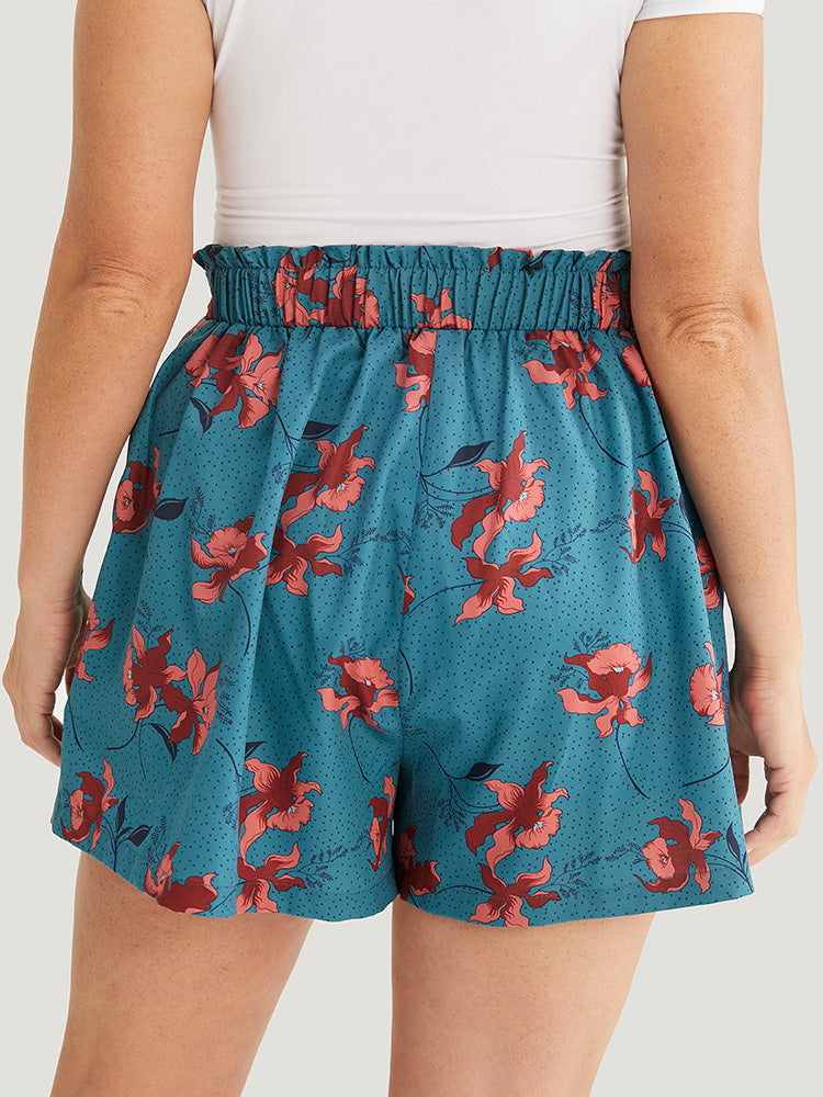 Floral Paperbag Waist Eyelet Buckle Knot Front Shorts