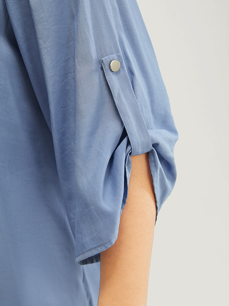 Solid Notched Button Up Gathered Cuffed Sleeve Blouse