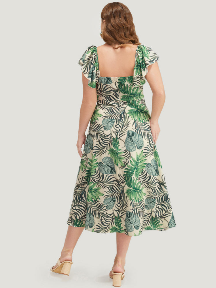 Plant Print Cap Sleeve Pocket Ruffle Trim Split Hem Dress