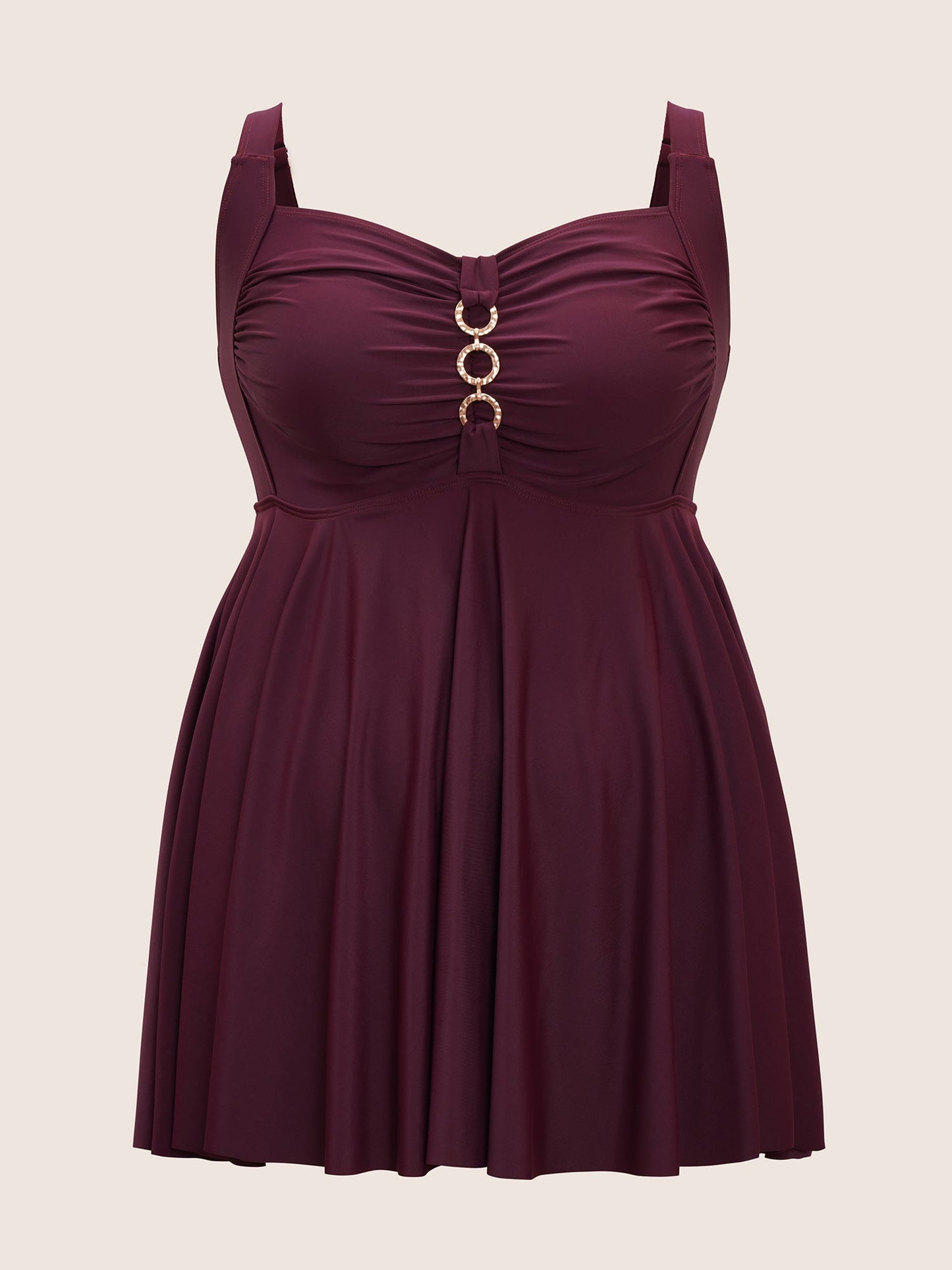 Solid Metal Detail Square Neck Ruched Swim Dress