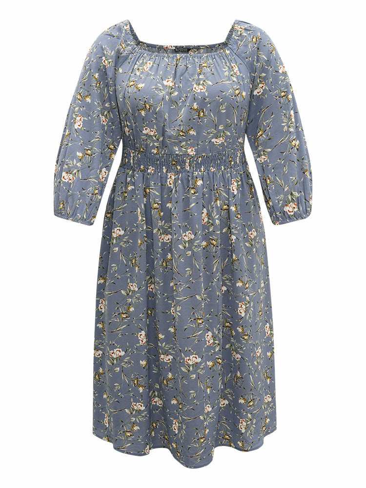 Floral Print Gathered Square Neck Shirred Dress