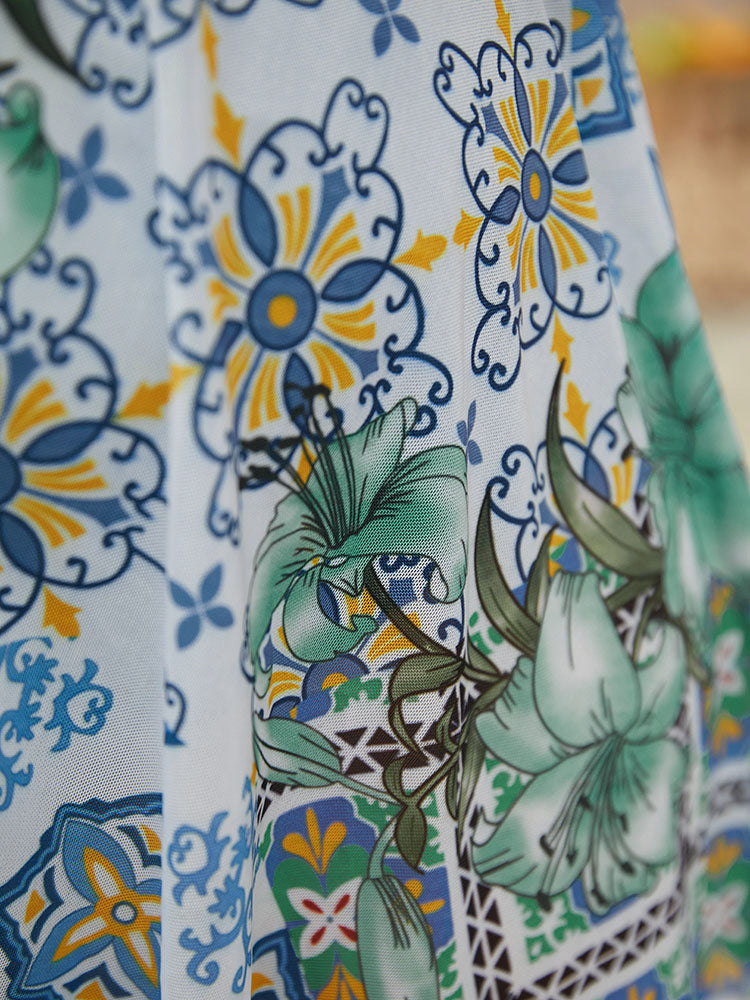 Floral Patchwork Buckle Detail Asymmetrical Hem Swim Dress