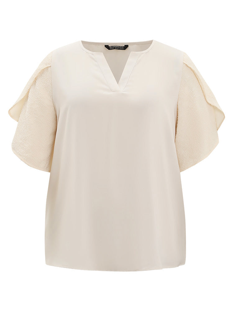 Anti-Wrinkle Solid Patchwork Petal Sleeve Notched Blouse