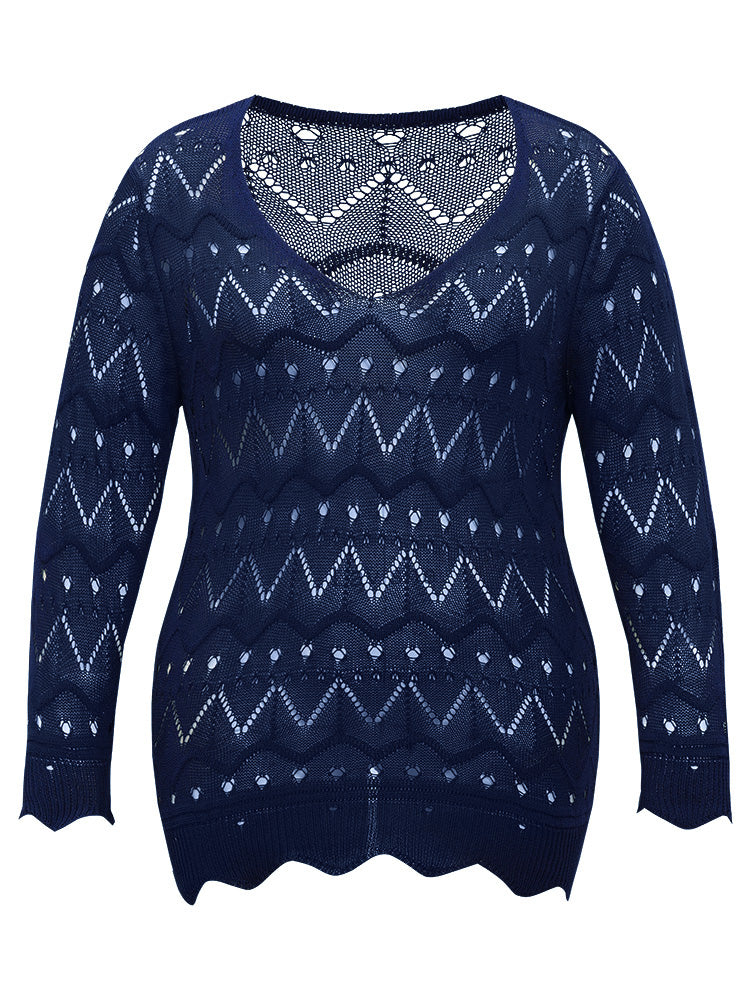 Geometric Eyelet Scalloped Trim Drop Shoulder Pullover