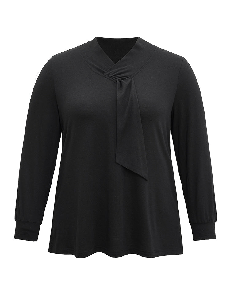 Solid Twist Front Asymmetrical Neck Knit T-shirt