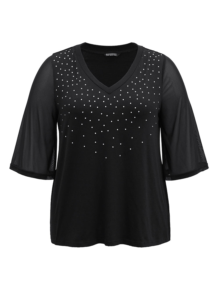Plain Patchwork Mesh Rhinestone Detailing T-shirt