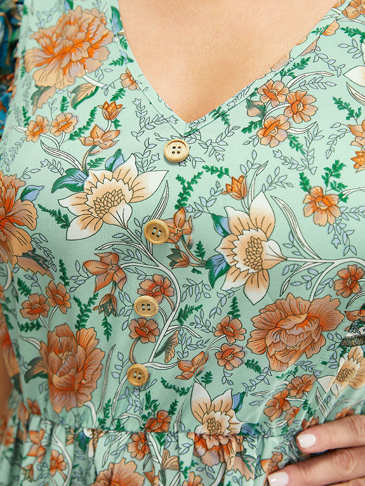 Bandana Print Ruffle Trim Pocket Cap Sleeve Dress