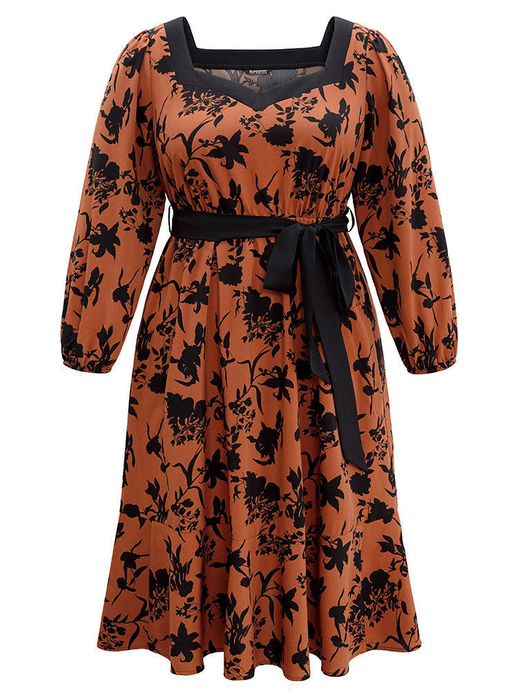 Silhouette Floral Print Square Neck Belted Dress