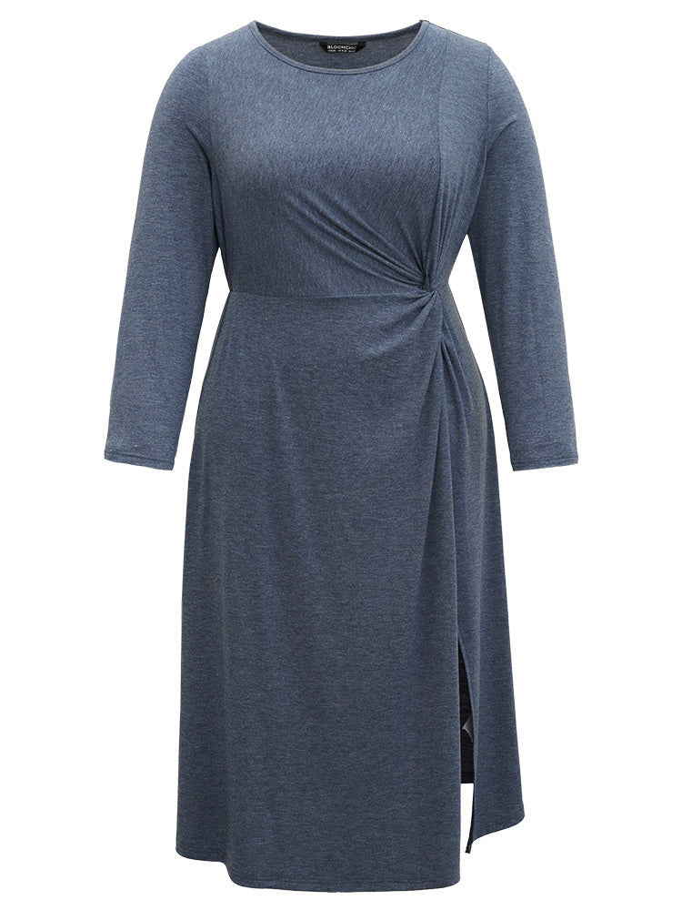 Plain Crew Neck Twist Front Split Hem Dress