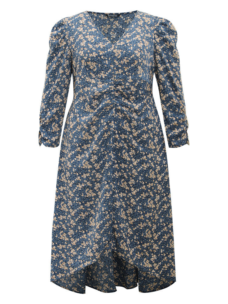 Ditsy Floral Ruched Puff Sleeve Dress