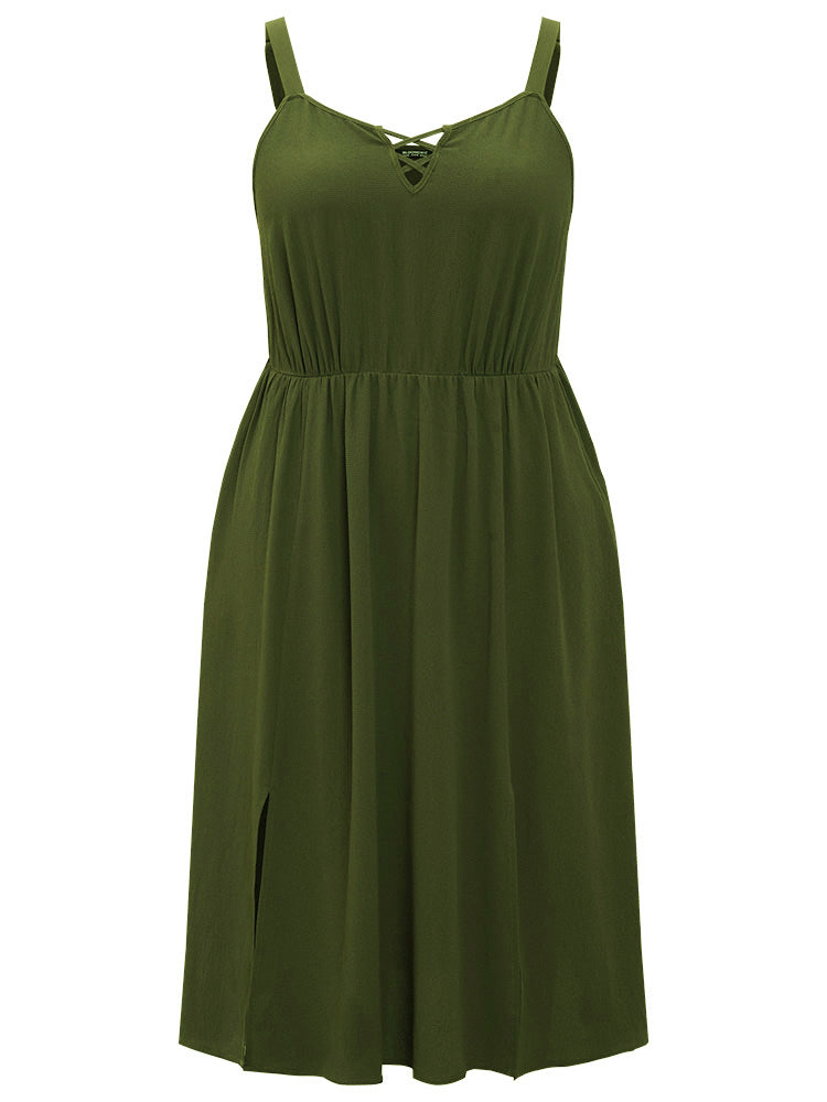 Plain Split Pocket Crisscross Detail Cami Dress
