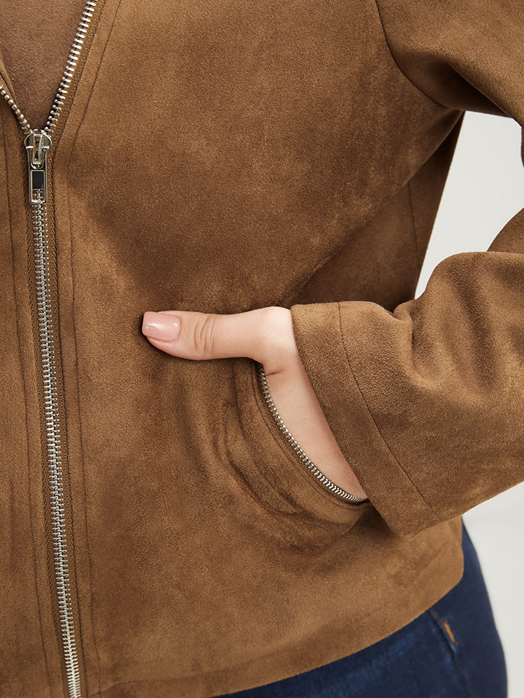 Solid Suit Collar Pocket Zipper Suede Coat