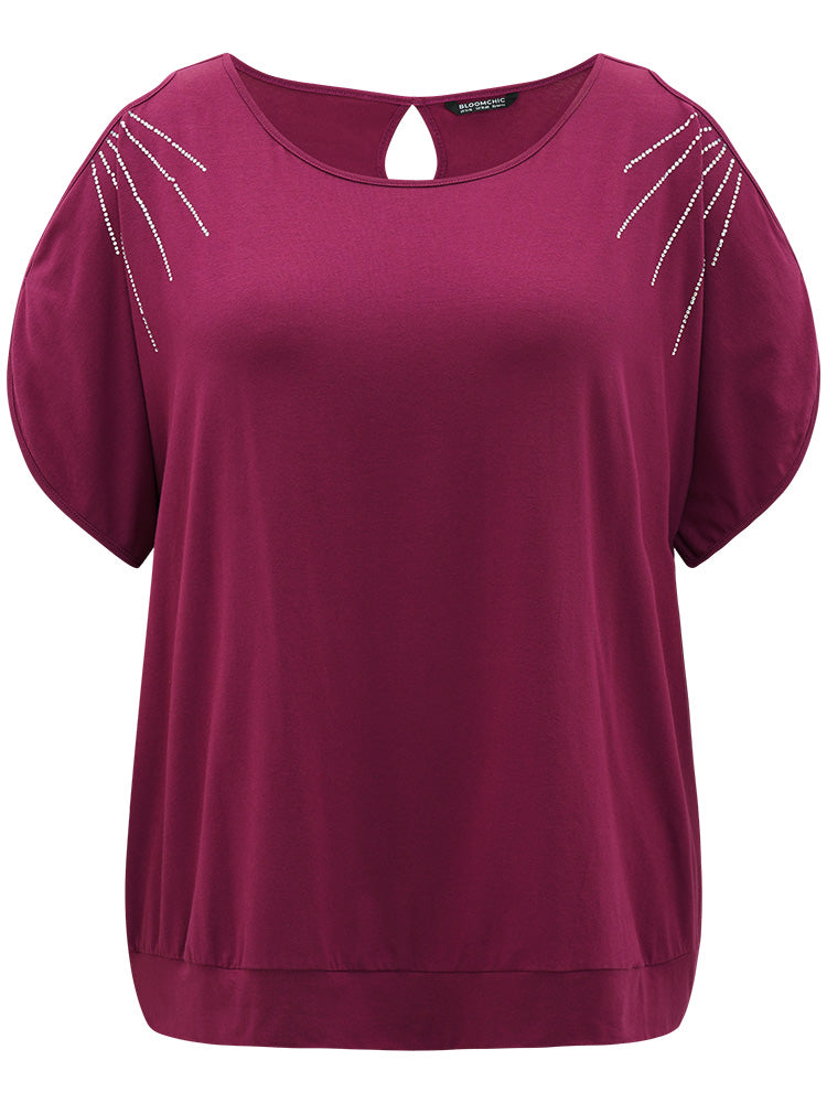 Solid Cold Shoulder Rhinestone Detail T-shirt