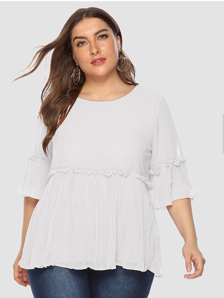 Pleated Hem Solid Color Chiffon T-shirt