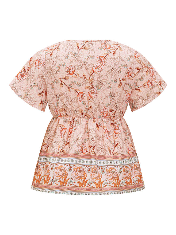 Floral Printed Babydoll Surplice Neck Ruffle Blouse