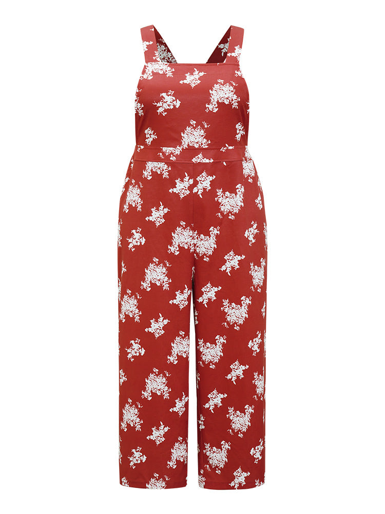 Floral Print Pocket Crossover Back Overall Jumpsuit